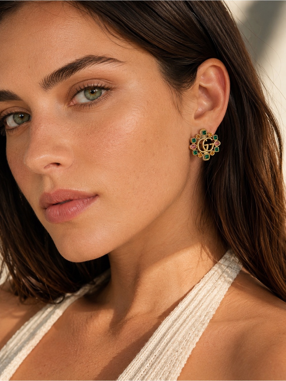 Gucci Gold-Tone Green & Pink GG Logo Cluster Earrings